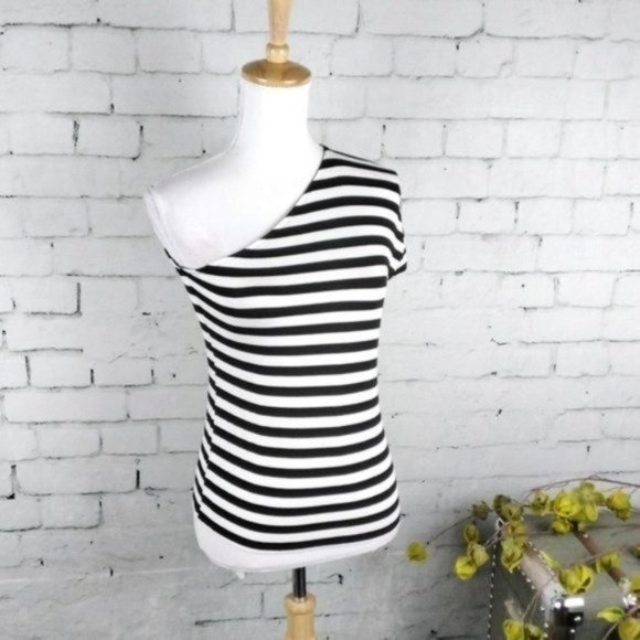 Elan Black and White Striped One-Shoulder Top - Picture 1 of 5